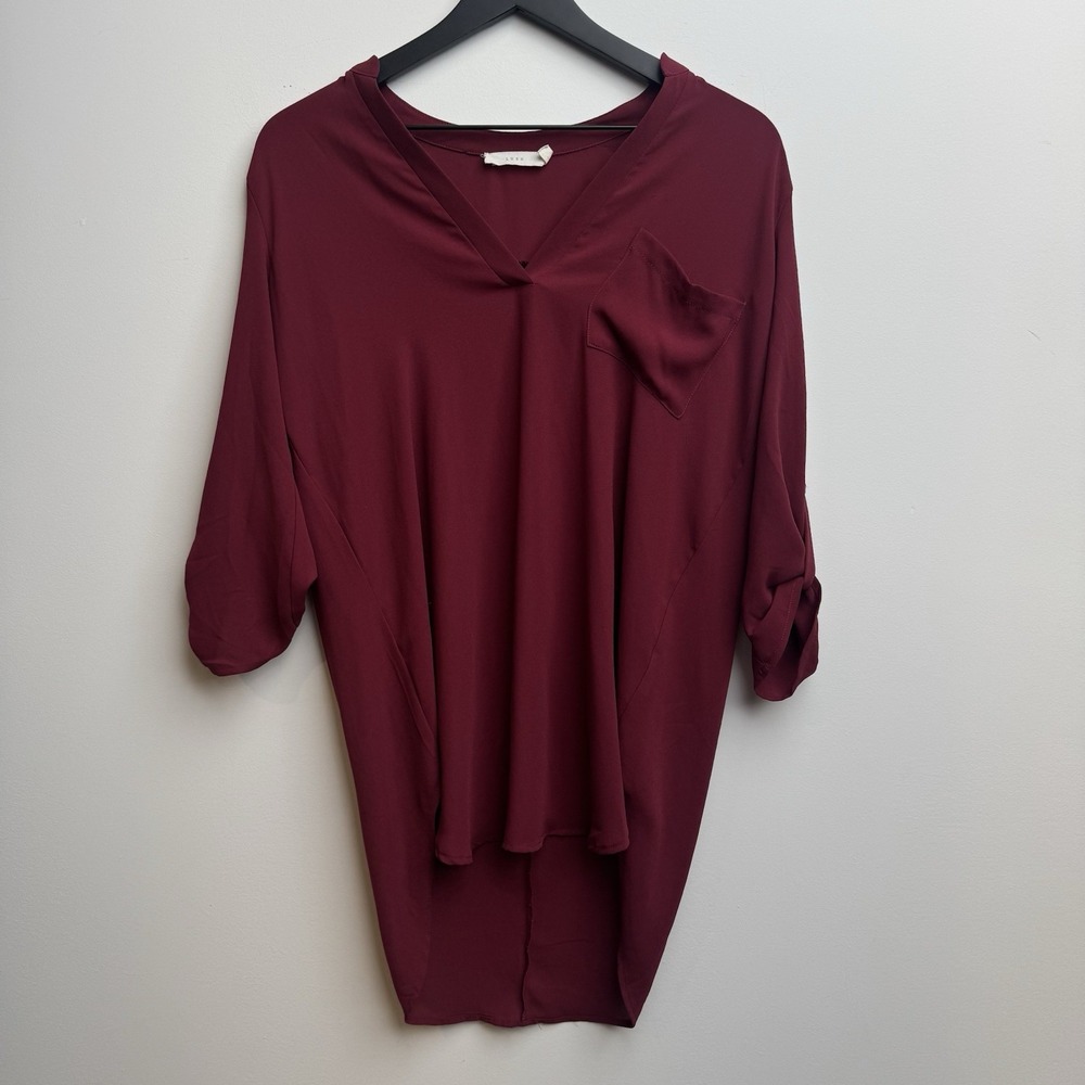 Lush Burgundy Wine Sz Small V-Neck Roll Tab Sleeve Hi Low Blouse Red Top Women's